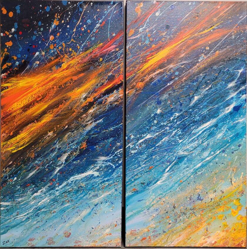Échappée belle, acrylique sur 2 toiles galerie, 2 toiles de 36x18 pouces 2014